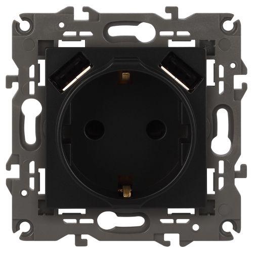 Розетка 16А 250В 2P+E с 2хUSB 5В-3А защ. шторки Elegance антрацит 14-4109-05 ЭРА Б0047871