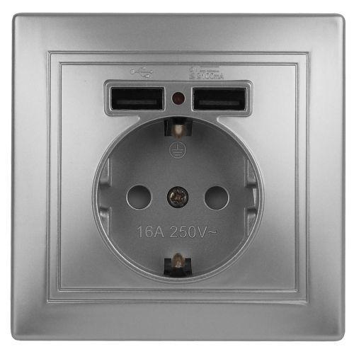 Розетка 2P+E Schuko со шторками с заземлением , 16А-250В + 2хUSB 5В-2,1А, IP20, СУ, алюминий, Intro Plano 1-410-03 | код Б0053944 | ЭРА