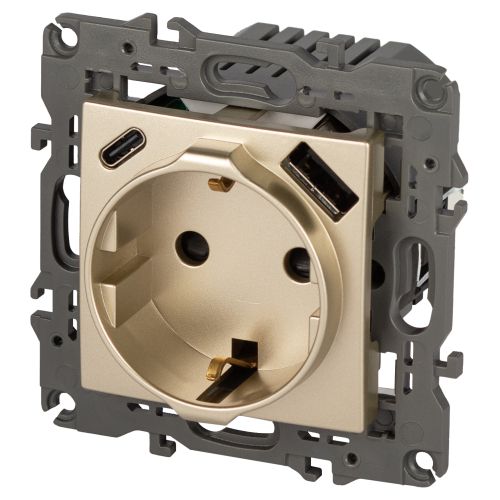 Розетка Elegance 14-4108-04 со шторками, 2P+E 16A-250В, с USB type-A+C 5В-3А, шампань | код Б0067740 | ЭРА фото 3 Розетка Elegance 14-4108-04 со шторками, 2P+E 16A-250В, с USB type-A+C 5В-3А, шампань | код Б0067740 | ЭРА фото 3