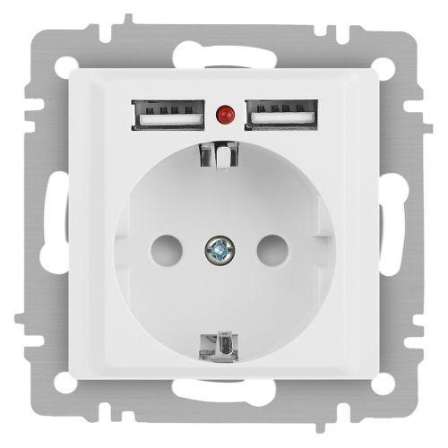 Розетка 1-м СП Accent 6-410-01М 16А IP20 250В P+E Schuko защ. шторки + 2хUSB бел. матов. Intro Б0063691 Розетка 1-м СП Accent 6-410-01М 16А IP20 250В P+E Schuko защ. шторки + 2хUSB бел. матов. Intro Б0063691