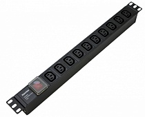 Hyperline SHE19-10IEC-S-IEC Блок розеток для 19 шкафов, горизонтальный, 10 розеток IEC320 C13, выключатель с подсветкой, без кабеля питания, входной разъем IEC320 C14 10A, 250В, 482.6x44.4x44.4мм (ШхГхВ), корпус алюминий, черный | код 426786 (0) Бре