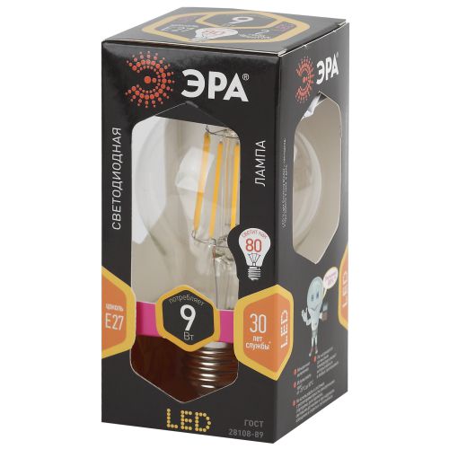 Лампа светодиодная декоративная LED 9 Вт 1170Лм 2700К груша, филамент теплый E27 230В F-LED A60-9W-827-E27 | код Б0043433 | ЭРА