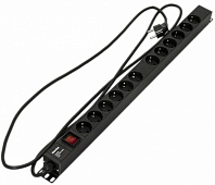 Hyperline SHE-12SH-S-2.5EU Блок розеток, вертикальный, 12 розеток Schuko, выключатель с подсветкой, кабель питания 2.5м (3х1.5мм2) с вилкой Schuko 16A, 250В, 730x44.4x44.4 мм (ДхШхВ), корпус алюминий, черный | код 396987 | Hyperline