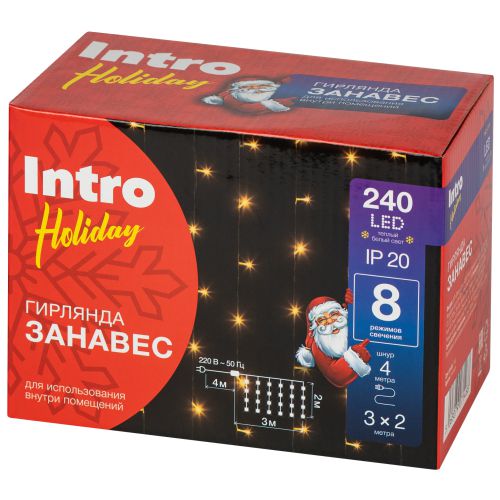 Гирлянда светодиодная "Занавес" 3х2м 240LED тепл. бел. 220В Holiday INZL-01W Intro Б0060437 фото 2 Гирлянда светодиодная "Занавес" 3х2м 240LED тепл. бел. 220В Holiday INZL-01W Intro Б0060437 фото 2