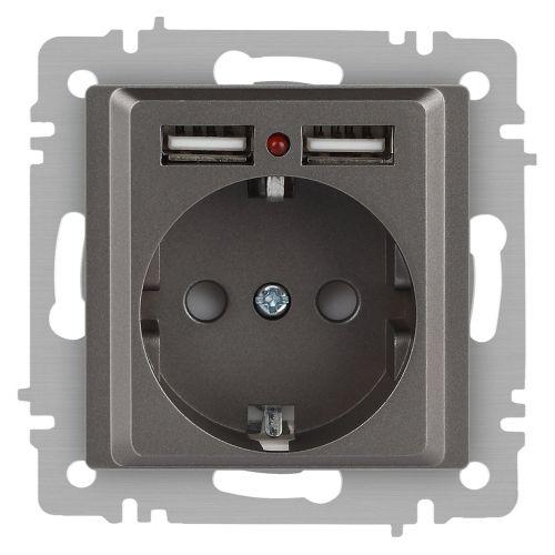 Розетка 1-м СП Accent 6-410-09 16А IP20 250В P+E Schuko + 2хUSB защ. шторки титан Intro Б0063711
