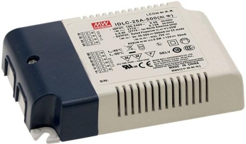 Источник питания AC-DC, 25.2Вт, вход 90…295В AC, 47…63Гц/125…417В DC, ККМ, выход 25.2…36В/700мА, изоляция 3750В AC, в кожухе 110х75х22мм, -20…+90С (корпус), димминг 0...10 В/ШИМ | код IDLC-25-700 | MeanWell