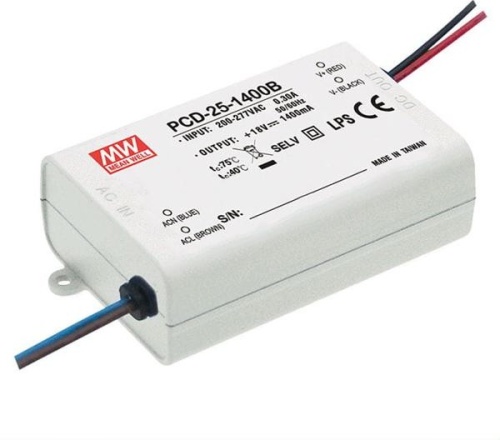 Источник питания AC-DC, 25Вт, стабилизатор тока, вход 180…295В AC, выход 1050мА/16-24В, ККМ, изоляция 3750В AC, в кожухе84х57х29.5мм, -30…+60С, возможность подключения диммера на входе | код PCD-25-1050B | MeanWell