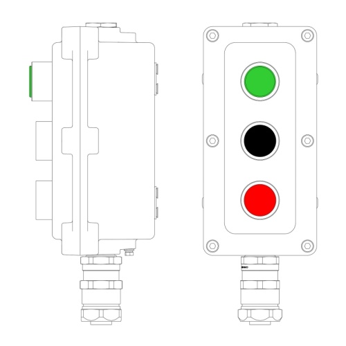 Взрывонепроницаемый пост управления из алюминия LCSD-03-B-MB-L1G(220)x1-P1B(11)x1-P1R(11)x1-PBMB-ANP15BMB / 1Ex d IIB T5 Gb / Ex tb | код LCSD21000121 | DKC