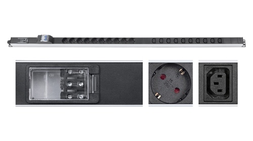 Cabeus PDU-16-10S-10C13-B-T Блок розеток для 19 шкафов, вертикальный, 10 розеток Schuko, 10 розеток IEC 320 C13, 16А, автомат защиты, алюминиевый корпус, клеммная колодка | код 9550c | Cabeus