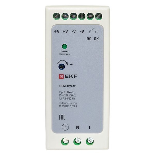 Блок питания на дин рейку 40Вт,Uвх ~ 220 В AC m, Uвых - 12 В DC постоянного тока | код DR-M-40W-12 | EKF фото 4 Блок питания на дин рейку 40Вт,Uвх ~ 220 В AC m, Uвых - 12 В DC постоянного тока | код DR-M-40W-12 | EKF фото 4
