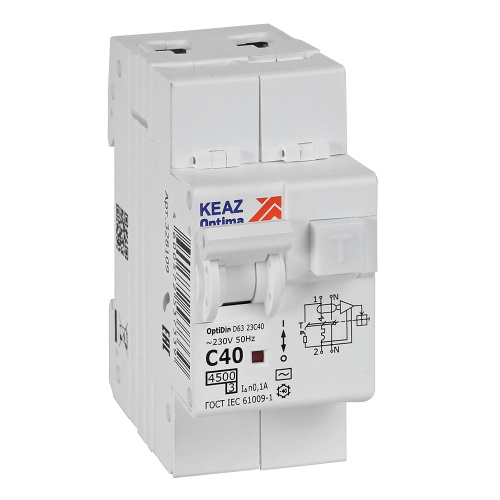 Выключатель автоматический дифференциального тока АВДТ с защитой от сверхтоков 2П 40А 100мА AC 4,5кА OptiDin D63-23C40-AC-У3 | код 328109 | КЭАЗ
