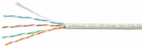Витая пара (U/UTP). категория 5e. 4 пары (24 AWG). одножильный. серый. LSZH. нг(А)-HF. (305 м). системная гарантия 25 лет. | код UTP-4P-Cat.5e-SOLID-LSZH-GY | Cabeus