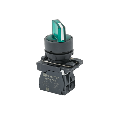 Переключатель на 2 положения с фиксацией и подсветкой, зеленый, 1NO, 24V AC/DC, IP65, пластик MTB5-AK23711 | код 137284 | MEYERTEC
