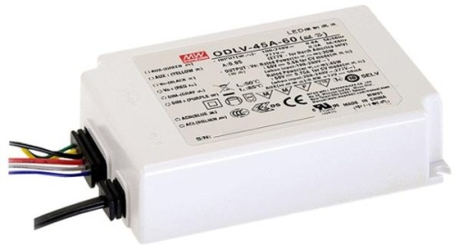 Источник питания AC-DC, 45Вт, вход 90…295В AC, 47…63Гц/125…417В DC, ККМ, выход 60В/0.75А, изоляция 3750В AC, в кожухе IP67 111х77х28.5мм, -20…+85С (корпус), димминг 0...10 В/ШИМ, доп. выход 12В/50мА | код ODLV-45A-60 | MeanWell