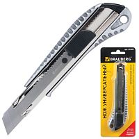 Нож канцелярский 18 мм BRAUBERG Metallic, металлический корпус (рифленый), автофиксатор, блистер, 235401 | код 235401 | BRAUBERG
