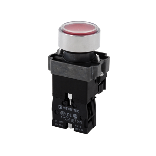 Кнопка плоская красная с подсветкой, 220V AC/DC, 1NС, IP67, металл MTB2-BWF3462 | код 132653 | MEYERTEC