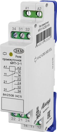 Промежуточные реле МРП-3-1 ACDC12В УХЛ4 на ДИН рейку, 3 переключающих контакта, максимальный коммутируемый ток 8А, корпус 1 модуль МЕАНДР | код 4640016931439 | МЕАНДР