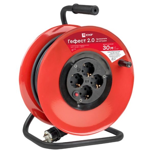 Удлинитель на катушке "Гефест 2,0" 4 гнезда 30м с заземлением и предохранителем КГ 3*2,5 16А/3,5кВт PROxima | код UKG02-16-R325-4-30 | EKF фото 2