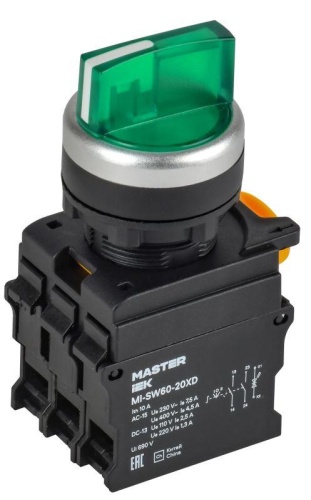 Переключатель с подсветкой на 3 положения 2NO зеленый MASTER IEK | код MI-SW60-20XD-4-14-3-K06 | IEK
