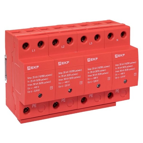 Устройство защиты от импульсных перенапряжений класс 1 Iimp 25кА (10/350мкс) 4P | код spd-t1-4p | EKF фото 2