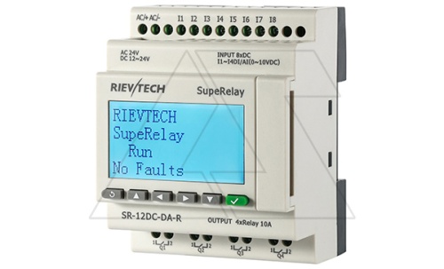 Программируемый логический контроллер SR-12DC-DA-R, 12_24VDC, 8DI(4AI/0_10V), 4RO(10A), RTC, FBD, Ethernet, ЖКИ | код SR-12DC-DA-R | Rievtech