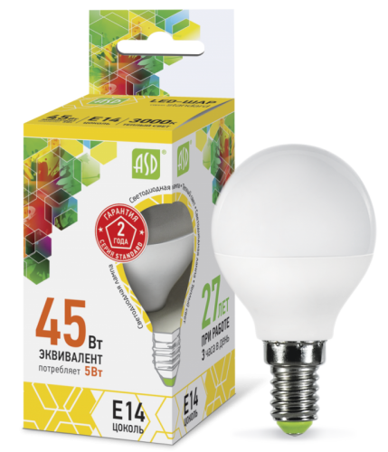 Лампа светодиодная LED-ШАР-standard 5Вт 230В Е14 3000К 450Лм ASD | код 4690612002125 | ASD