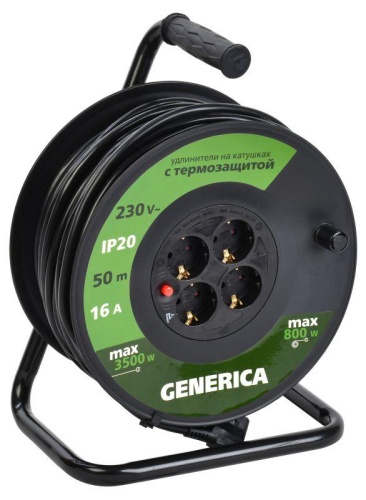 Катушка УК50 с термозащитой 4 места 2P+PE/50м 3х1,5мм2 GENERICA | код WKP20-16-04-50-G | IEK