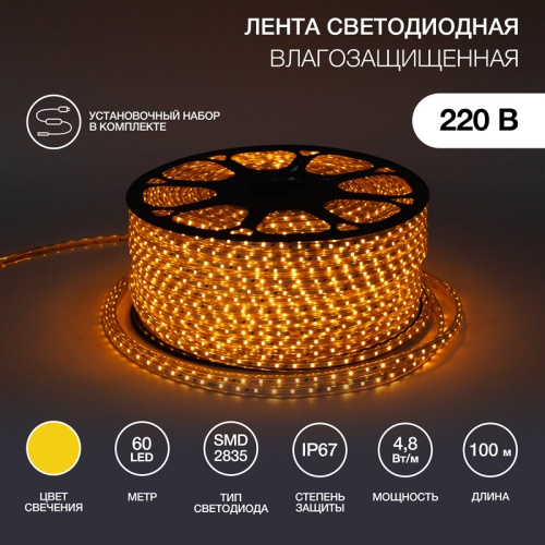 LED лента 220 В, 10х7 мм, IP67, SMD 2835, 60 LED/m, цвет свечения желтый, бухта 100 м | код 142-602 | NEON-NIGHT