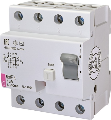 Реле дифференциальное (УЗО) EFI6-4 16/0,03 тип AC (6kA) | код 002062136 | ETI