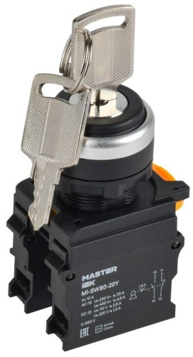 Переключатель с ключом на 3 положения 1NO+1NC чёрный MASTER IEK | код MI-SW60-20Y-3-34-3-K02 | IEK