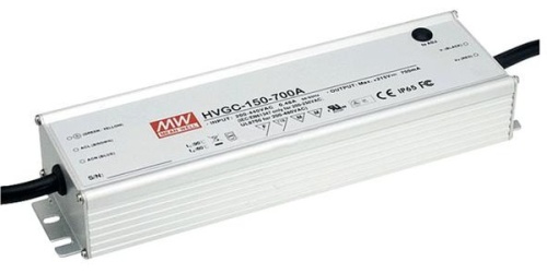 Источник питания AC-DC, 150Вт, стабилизатор тока, IP65, вход 180…528В AC, 47…63Гц/254…747В DC, ККМ, выход 1400мА/12…107В, рег. выхода 840…1400мA, изоляция 3750В AC, в кожухе 245х68х39, -40…+70С | код HVGC-150-1400A | MeanWell