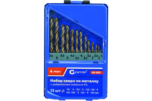 Набор сверл по металлу с кобальтом 5% в металлической коробке, 1.5-6.5 мм (через 0.5мм + 3.2мм, 4.8мм) | код 48-601 | FIT