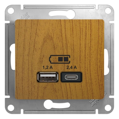 GLOSSA USB РОЗЕТКА A+С, 5В/2,4А, 2х5В/1,2 А, механизм, ДЕРЕВО ДУБ | код GSL000539 | Systeme Electric