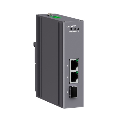 Промышленный медиаконвертер, 3-х портовый, 1х100Base-X SFP слот, 2х10/100Base-T(X) портов RJ45, 12-48В DC/18-30В AC, с резервированием | код N1100-1SFP2T-P2 | DKC