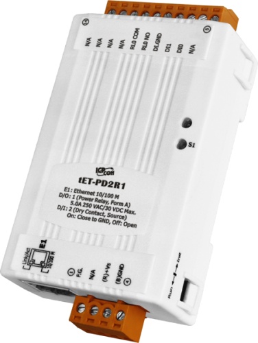 tET-PD2R1 CR Tiny Ethernet module 2-ch DI (Dry Contact) and 1-ch Form-A relay (RoHS) | код 00-06097696 | ICP DAS