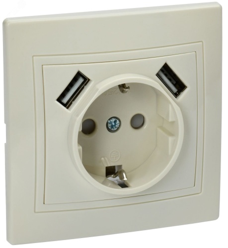 KVARTA Роз. 1ая с з/к РЮш10-1-ККм 16А USBх2 2,1А крем. | код KV-R14-16-U2-K33 | IEK