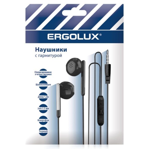 Наушники вакумные с микрофоном проводные ELX-WHP01P-C02 ПРОМО 3.5мм 1.2м пакет черн. | код 15278 | Ergolux