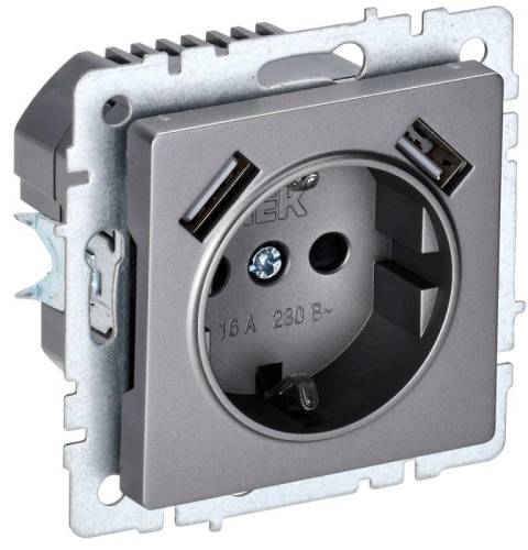 Розетка BRITE РЮш10-1-БрС 16А с USB A+A 2.1А с заземл. защ. шторки сталь | код BR-R14-16-U21-D21-K46 | IEK