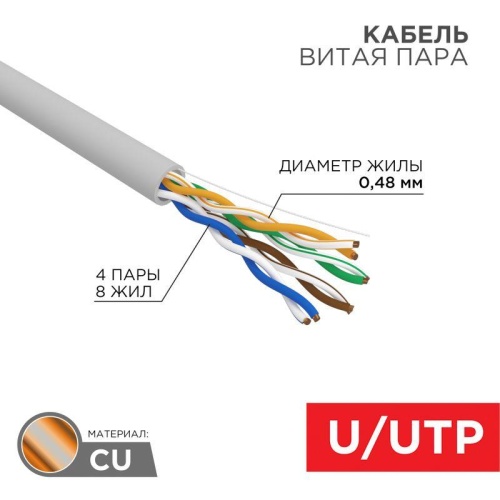 Кабель витая пара U/UTP кат.5E 4х2х24AWG нг(А)-HF сер. LIGHT (305м) | код 01-0059 | Rexant