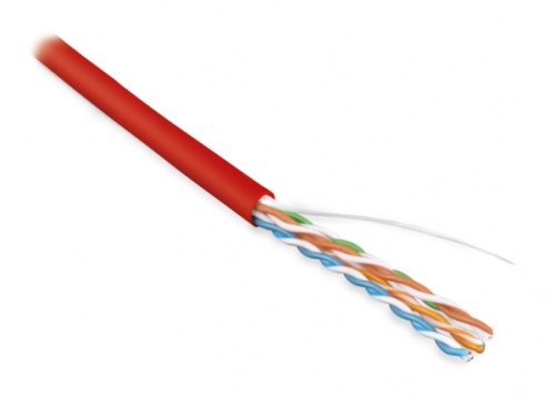Кабель витая пара неэкран. U/UTP категория 5e 4 пары (24 AWG) одножильный (solid) LSZH нг(С)-HF красный, Hyperline UUTP4-C5E-S24-IN-LSZH-RD-305 (305 м) | код 257781 | Hyperline