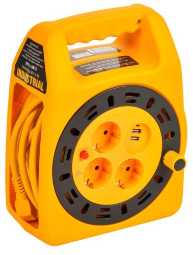 Удлинитель на катушке 3х15м с заземл. Industrial УК15 2P+PE 3х1.5кв.мм USBх2 LED термозащита | код IN-KP24-16-03-15-UL | IEK
