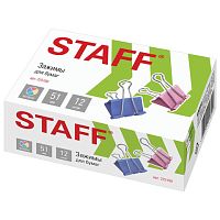 Зажимы для бумаг STAFF, КОМПЛЕКТ 12 шт., 51 мм, на 230 листов, цветные, картонная коробка, 225160 | код 225160 | STAFF