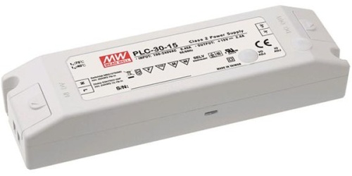 Источник питания AC-DC, 30Вт, вход 90…264В AC, 47…63Гц , 127...370В DC, ККМ, выход 24В (рег.22,8...26,4)/1,25А (рег. 0,938...1,288А), изоляция 3750В AC, в кожухе 160х46х30мм, -30…+50С | код PLC-30-24 | MeanWell