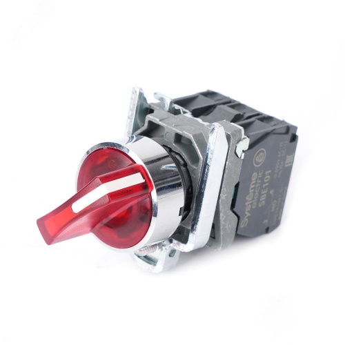 Переключатель SB4 с подсвет в сборе 22мм 2поз красн с фикс металл 24В DC 1НО+1НЗ | код SB4BK124B5 | Systeme Electric