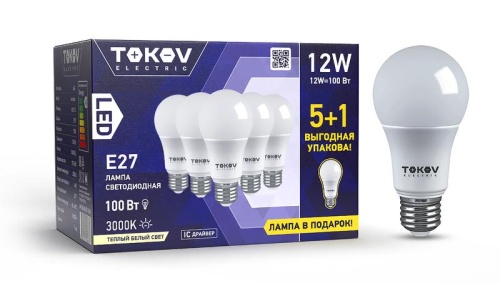 Набор ПРОМО лампа светодиодная 12Вт А60 3000К Е27 176-264В (Promo 5+1 шт) | код Promo-A60-E27-12-3K | TOKOV ELECTRIC