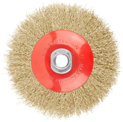 Кордщетка-колесо с наклоном, гайка М14, стальная волнистая латунированная проволока 115 мм | код 39051 | FIT