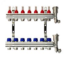 Коллекторная группа FHF-7RF set 7 контуров 1' х 3/4' с расходомерами, воздухоотводчиками и кронштейнами | код 088U0727R | Ридан