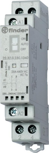 Контактор модульный 2NO 25А AgSnO2 230В AC/DC 17.5мм IP20 опции: переключатель Авто-Вкл-Выкл + мех. индикатор + LED | код 223202304340 | FINDER