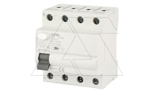 УЗО GYL9-4P-63A-30mA, 4P, 63A, 6 kA, 30mA, тип AC, 4M | код GYL94P63A30MA | GEYA
