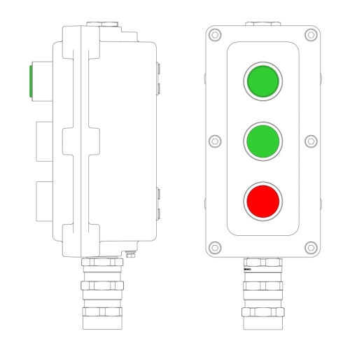 Взрывонепроницаемый пост управления из алюминия LCSD-03-B-MC-L1G(220)x1-P1G(11)x1-P1R(11)x1-PCMB-KA3MHK / 1Ex d IIB T5 Gb / Ex tb II | код LCSD21000108 | DKC